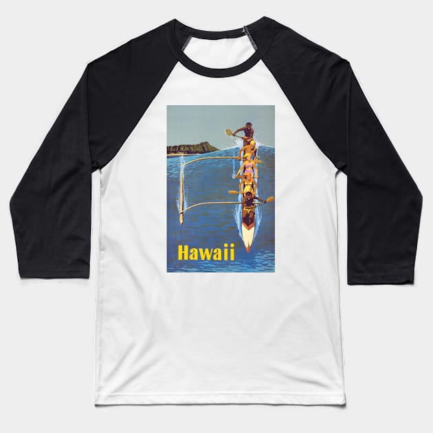 Hawaii Outrigger Canoe Diamond Head Waikiki Beach Baseball T-Shirt by rocketshipretro